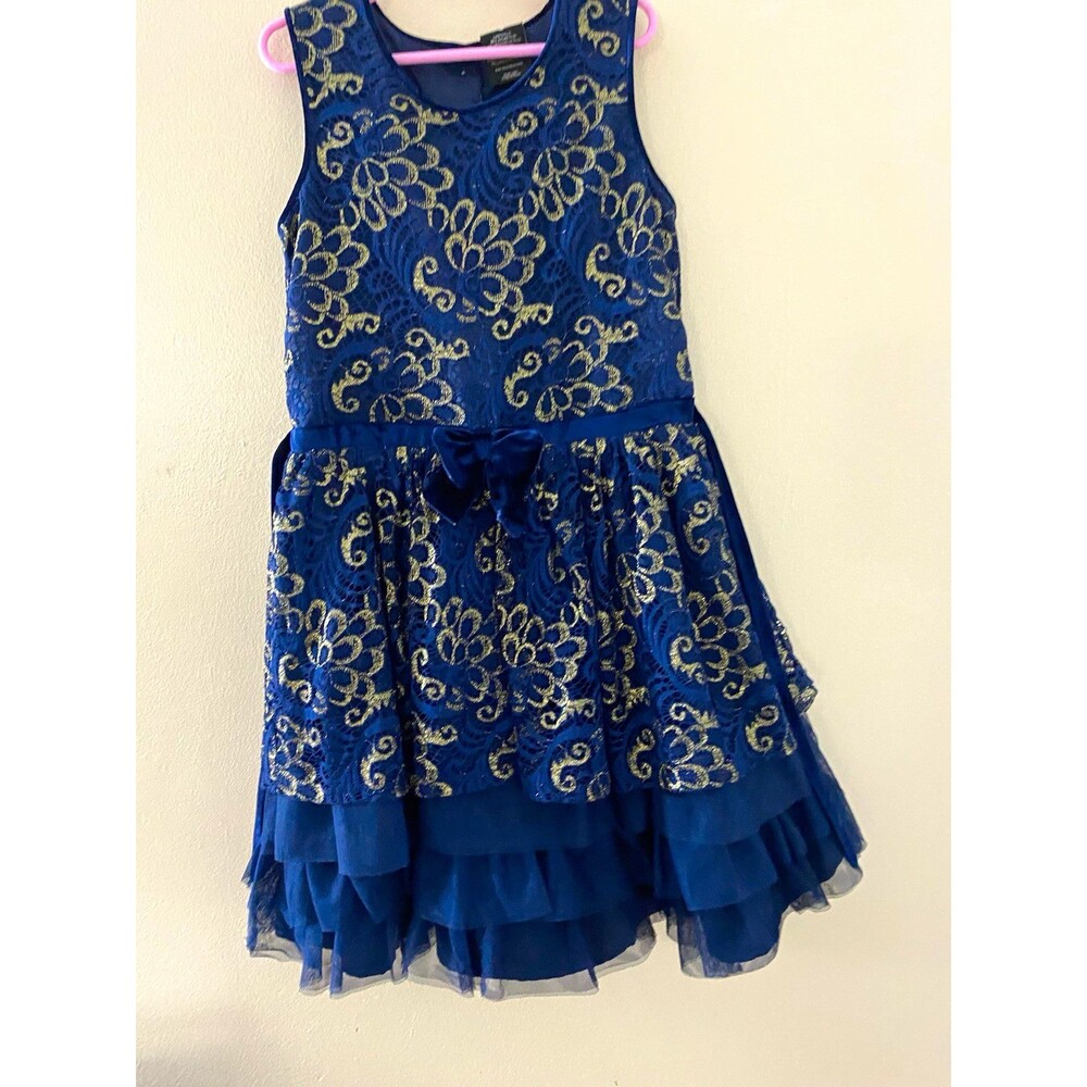 George Girls Size 10 Blue Gold Floral Lace Fit & Flare Sleeveless Dress